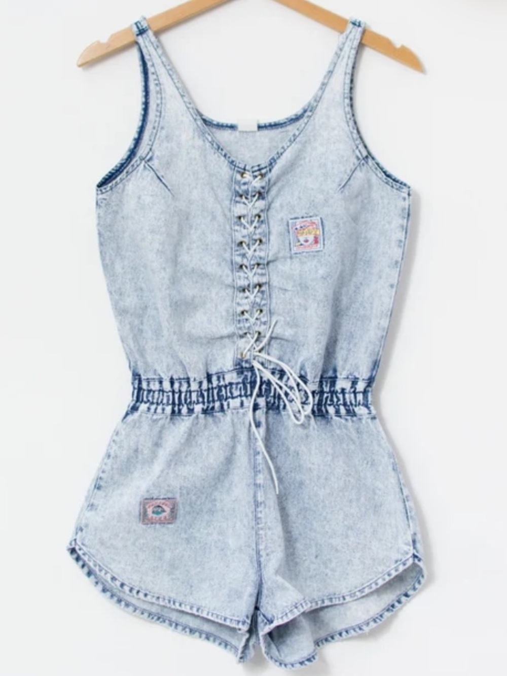 Vintage 80’s Stonewashed Denim Lace Front Romper
